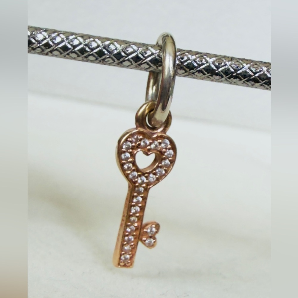 Pandora 14K Rose Gold & Sterling Silver Trust Key Heart Retired Dangle Charm
